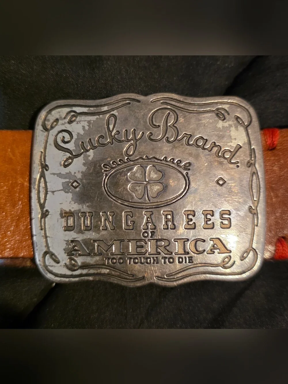 Vintage Women's Lucky Brand Leather Belt - Too Tough To Die Buckle - M